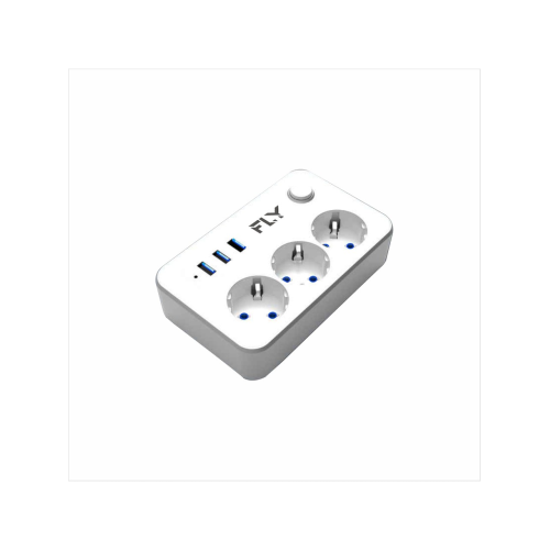 FLY 3406-01, 3 Soket, 3 USB, Akım Korumalı Priz, 2.1A, Anahtarlı, 2Mt Kablo, (Beyaz)