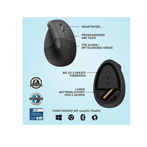 LOGITECH 910-006473, LIFT Siyah,  Bluetooth, 1000dpi, Optik, 6 Tuşlu, Kablosuz, Mouse