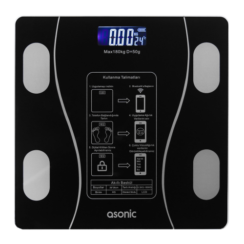 ASONIC BS260, Siyah, Bluetooth Destekli, Baskül. LCD Gösterge, 260x260mm, 180Kg a kadar ölçme.
