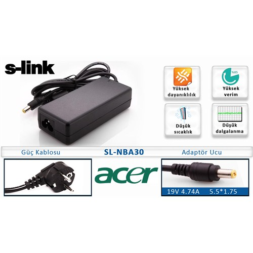 S-LINK SL-NBA30, 19V, 4.74A, 5.5x1.75, Notebook Adaptörü