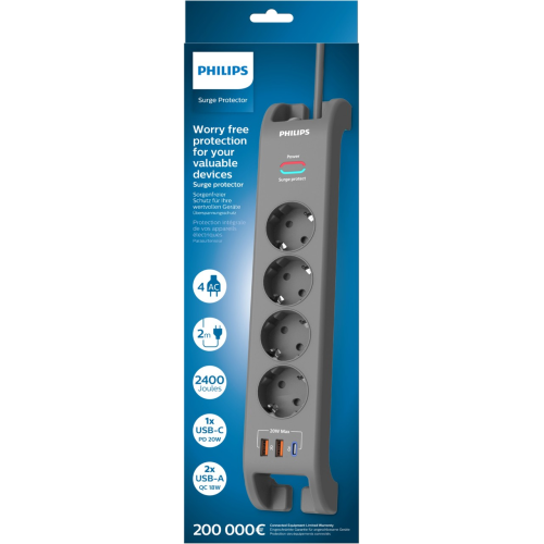 PHILIPS SPN4140GA/62, 4 Soket, Akım Korumalı Priz, 2400 Joules, 2Mt Kablo, 1xUsb-C PD 20W Hızlı Şarj, 2xUsb-A QC 18W, (Gri)
