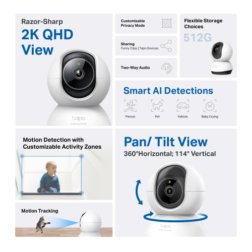 TP-LINK Tapo TC72 (C220), 2K QHD 4,0Mpix, İç Mekan WiFi, 9Mt. Gece Görüşü, 360 Dönüş, İki Yönlü Ses Güvenlik Yapay Zeka Destekli Kamera