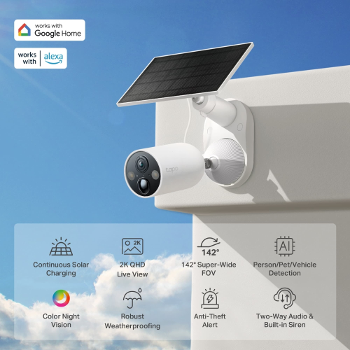 TP-LINK Tapo TC85 KIT (C425 KIT), 2K QHD, 4,0Mpix, Dış Mekan, IP66, WiFi, 15Mt. Renkli Gece Görüşü, İki Yönlü Ses, Yapay Zeka Destekli, Güneş Enerjili Güvenlik Kamerası Kiti