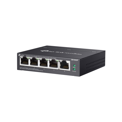 OMADA DS105GP, 5 Port Gigabit,  4 Port Gigabit PoE+, 65W, Yönetilemez, Masaüstü/Vesa Metal Kasa Sessiz Switch
