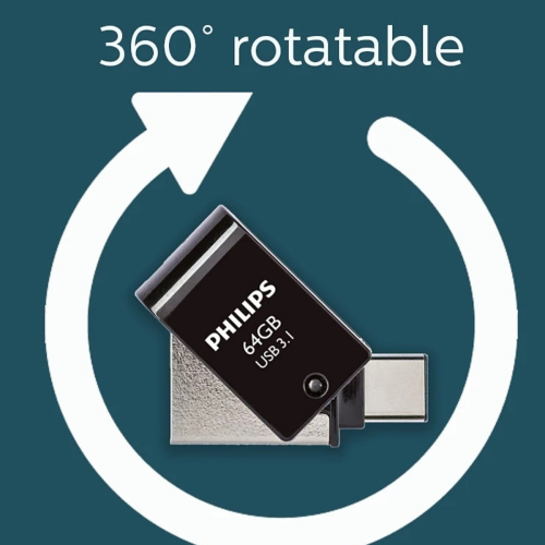 PHILIPS FM64DC152B, 64GB, USB 3.1 ve Type-C, İkisi Bir Arada, Gece Siyahı, Flash Disk