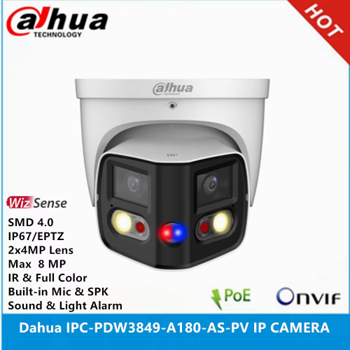 DAHUA  IPC-PDW3849-A180-AS-PV, 2X4Mpix, 2,8mm Lens, H265+, 25Mt Gece Görüşü, IP67, Dahili Mikrofon, TiOC Duo Süper Geniş Açı Dome Ip Kamera