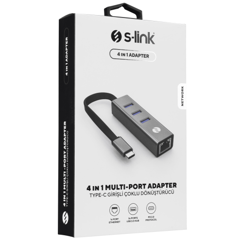 S-LINK SW-U3325, GigaBit, Type-C to RJ45, 3xUSB 3.0, Metal, Ethernet Kartı