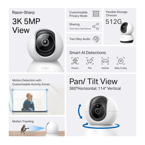 TP-LINK Tapo TC74 (C230), 3K, 5,0Mpix, İç Mekan, WiFi, 12Mt. Gece Görüşü, 360 Dönüş, İki Yönlü Ses Güvenlik Yapay Zeka Destekli Kamera