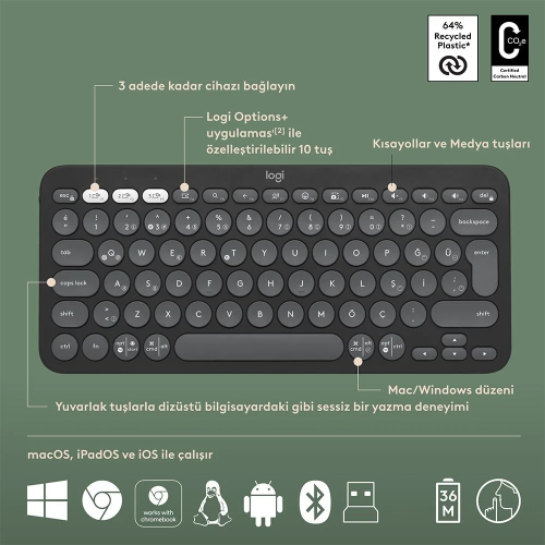 LOGITECH Pebble 2 Combo, Grafit, 920-012245, Bluetooth, Türkçe, Q, Multimedya, Mini Klavye Mouse Set