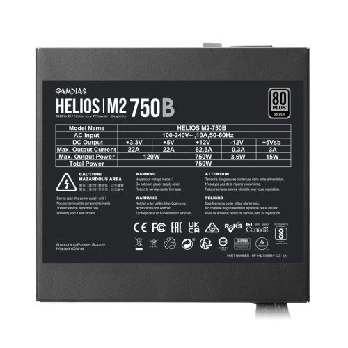 GAMDIAS HELIOS M2-750B, 750W, 80+ Silver, Aktif PFC, GAMING, ATX, Power Supply (PSU)