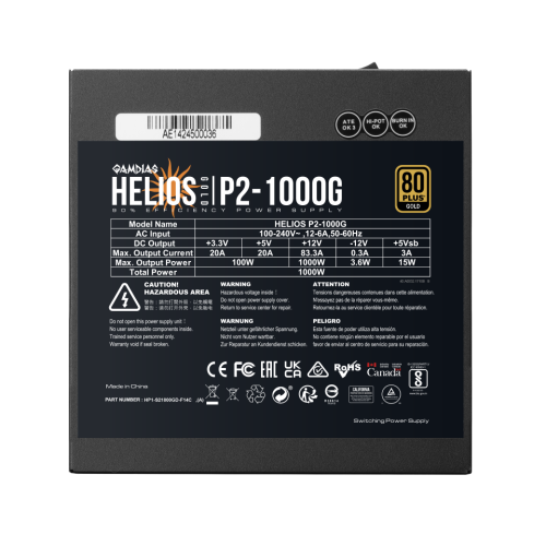 GAMDIAS HELIOS P2-1000G, 1000W, 80+ Gold, Full Modüler, Aktif PFC, GAMING, ATX, Power Supply (PSU)
