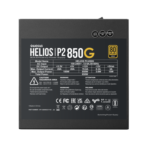 GAMDIAS HELIOS P2-850G, 850W, 80+ Gold, Full Modüler, Aktif PFC, GAMING, ATX, Power Supply (PSU)
