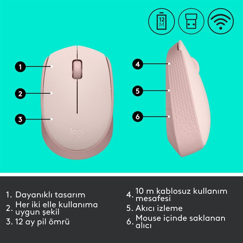 LOGITECH 910-006865, M171 Rose, USB Nano 2,4G Kablosuz, 1000dpi, Optik, 3 Tuşlu, 12ay Pil Ömrü, Mouse