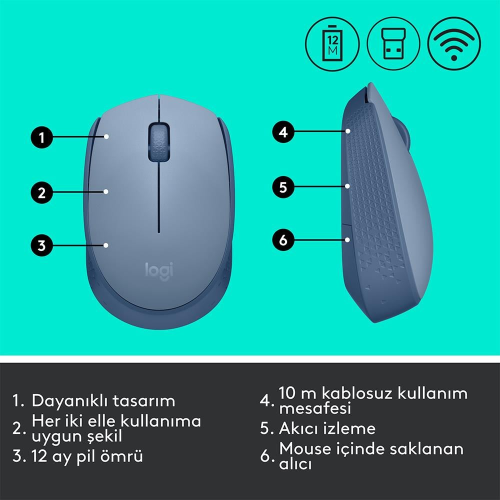LOGITECH 910-006866, M171 BlueGrey, USB Nano 2,4G Kablosuz, 1000dpi, Optik, 3 Tuşlu, 12ay Pil Ömrü, Mouse