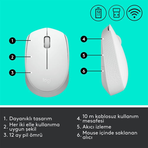 LOGITECH 910-006867, M171 White, USB Nano 2,4G Kablosuz, 1000dpi, Optik, 3 Tuşlu, 12ay Pil Ömrü, Mouse