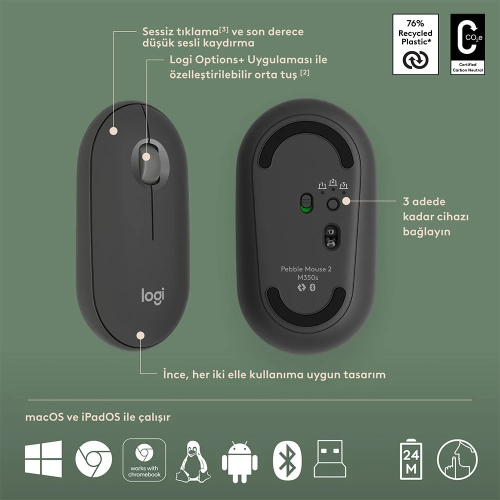 LOGITECH Pebble 2 Combo, Grafit, 920-012245, Bluetooth, Türkçe, Q, Multimedya, Mini Klavye Mouse Set