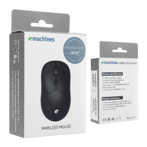 ACER eMachines, EAM070, Siyah, 2,4Ghz Kablosuz, 1600dpi, Optic, 4 Buton, Mouse