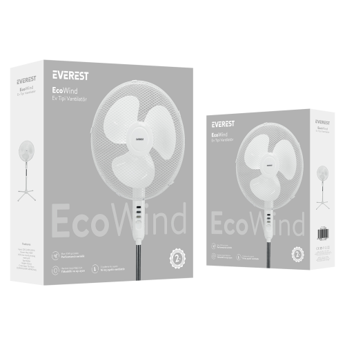 EVEREST FAN10, BEYAZ, EcoWind, 3 Kademeli Hız, 40cm 3 Kanat Pervane ve Çerçeve, 45W, Otomatik Salınım, Yükseklik Ayarlı Vantilatör