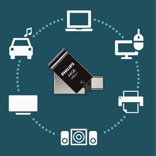 PHILIPS FM64DC152B, 64GB, USB 3.1 ve Type-C, İkisi Bir Arada, Gece Siyahı, Flash Disk