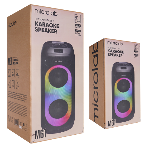 MICROLAB M61, 80W, Taşınabilir, BT/USB/AUX/TF/TWS, RGB Işıklı, 2400mAh Batarya, 2adet VHF Mikrofon, Karaoke/Parti, Bluetooth Speaker,