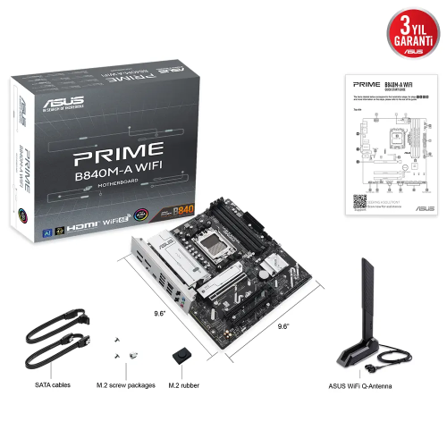 ASUS PRIME B840M-A WIFI, 4xDDR5, 3x M.2, HDMI, 2x DP, Type-C, WI-FI 6E, Bluetooth 5.3, AM5 Soket GAMING Anakart