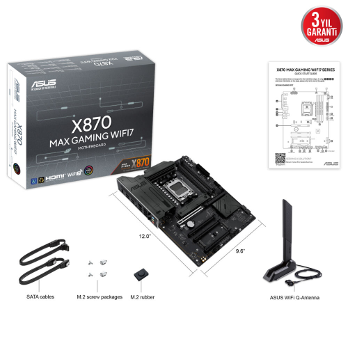 ASUS X870 MAX GAMING WIFI7, 4xDDR5, 3x M2, HDMI, DP, Type-C, Wi-Fi 7, Bluetooth v5.3, AM5 Soket GAMING Anakart