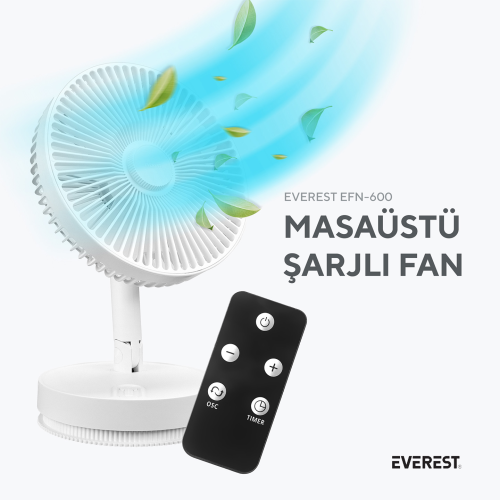 EVEREST EFN-600, BEYAZ, 4 Kademeli Hız, 8" Kanat, Masaüstü Kullanım, Taşınabilir, Dahili 2000mAh Bataryalı, Type-C Şarj Girişli, Kumandalı, Vantilatör