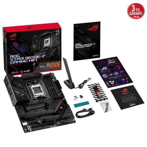 ASUS ROG STRIX B650E-F GAMING WIFI, 4xDDR5, 3x M2, HDMI, DP, 2xType-C, Wi-Fi 6E, Bluetooth v5.2, AMD Ryzen 7000 Serisi, AM5 Soket Anakart