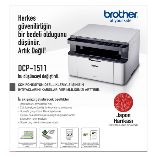 BROTHER DCP-1511-2T Lazer Yazıcı, Tarayıcı, Fotokopi, 2 adet Tam Dolu Orijinal Toner ile Birlikte