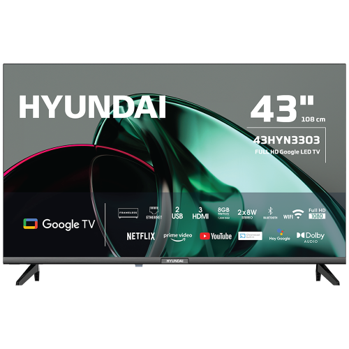 HYUNDAI 43HYN3303, 43" 109cm, Full HD, Dahili Wi-Fi, Dahili Uydu Alıcılı, Android, Google TV,  Led Televizyon
