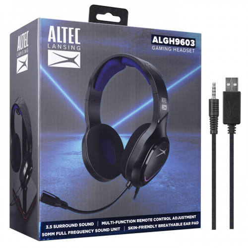 Altec Lansing ALGH9603, Siyah, PS4/XBOX/Mobil Uyumlu, USB+3.5mm, Mavi Led Aydınlatma, USB Kablolu, Gaming Mikrofonlu Kulaklık