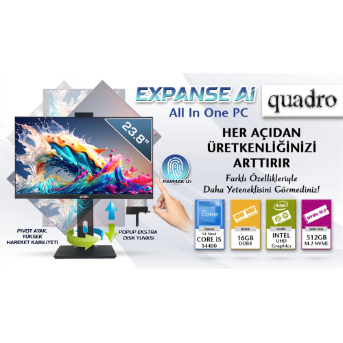 QUADRO EXPANSE AI B424 14165, i5-14400, 23,8" FHD Ekran, 16Gb Ram, 512Gb SSD, Pivot, Paylaşımlı VGA, Free Dos All In One PC