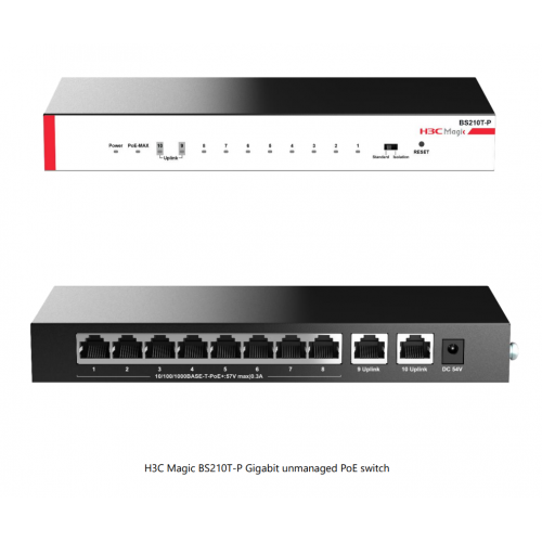 H3C Magic BS210T-P, 10 Port, GigaBit, 8 Port PoE, 57W, +2 Port GigaBit Uplink, Metal Kasa, Yönetilemez, Masaüstü Switch