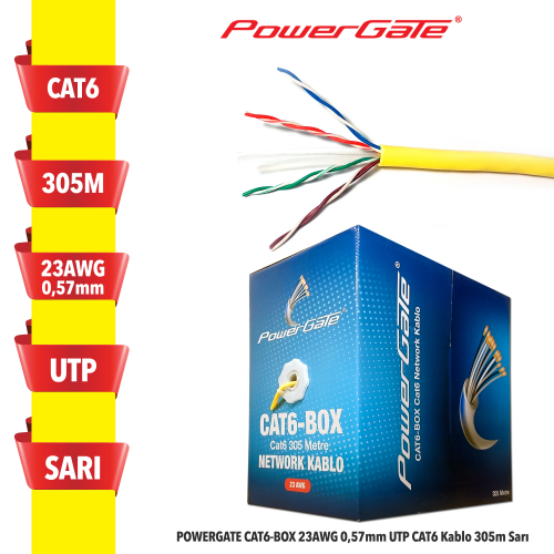 POWERGATE CAT6-BOX-YL, 23AWG, 0,57mm, UTP, CAT6 Kablo, 305m, Sarı