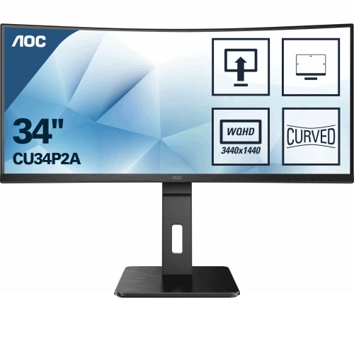 AOC CU34P2A 34&quot; 1ms, 100Hz, 2K Wide Quad HD, 2xHDMI, DP, USB 3.2,Ses Giriş, 3,5mm Kulaklık, 2X3W Hoparlörler, VA Panel, Curved Monitör