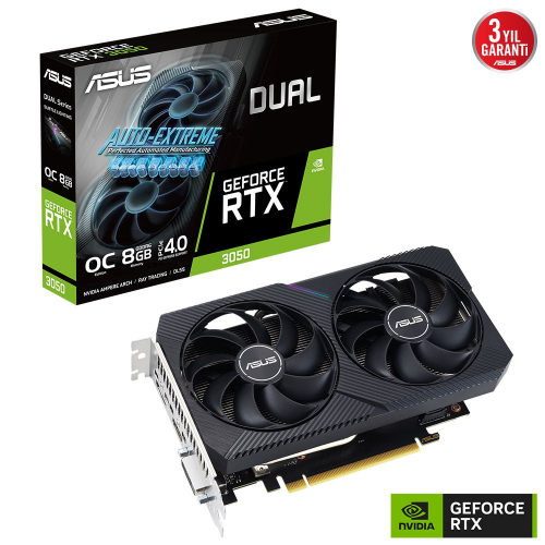 ASUS DUAL-RTX3050-O8G-V2 8GB, GDDR6, 128Bit, 1xHDMI, 1xDP, 1xDVI, GAMING Ekran Kartı