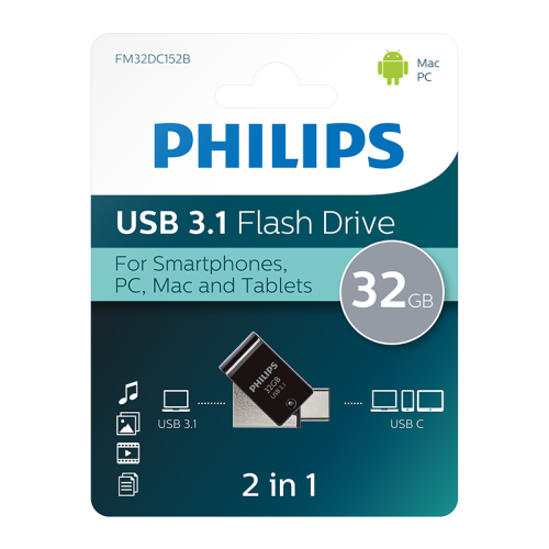 PHILIPS FM32DC152B, 32GB, USB 3.1 ve Type-C, İkisi Bir Arada, Gece Siyahı, Flash Disk
