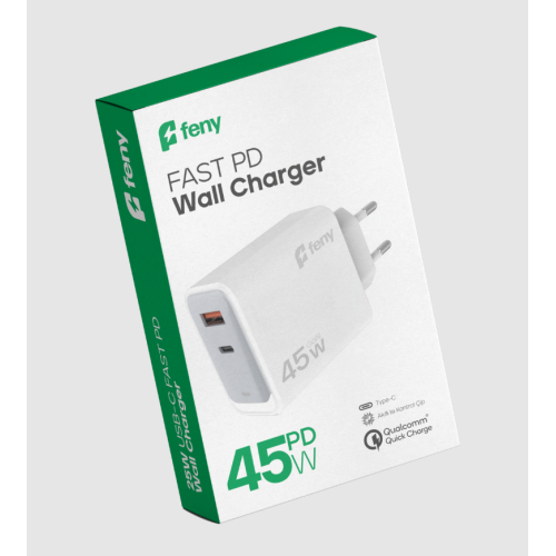 FENY FN-C45, 45W, USB+Type-C, Akıllı Isı Kontrol Chip, Qualcomm Quick Charge 3.0, ŞARJ Adaptörü