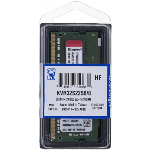 KINGSTON KVR32S22S6/8, 8Gb, 3200Mhz, DDR4, Sodimm Notebook RAM, 1,2V, CL22