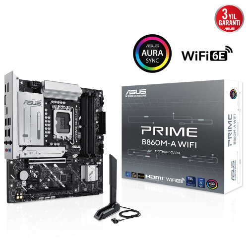 ASUS PRIME B860M-A WIFI, 4xDDR5 2x M.2, HDMI, 2xDP, Wİ-Fİ 6E, Bluetooth v5.3, Type-C, Intel Core Ultra CPU(Seri 2), LGA1851 Soket Anakart