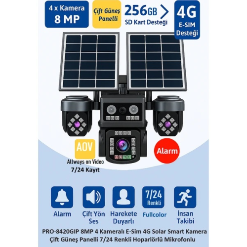 BALANDI PRO-8420GIP 8MP 4 Kameralı 4G AOV ESIM  Solar Kamera, HIEASY Yazılım