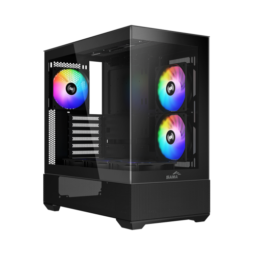 SAMA V40BK Black, B750BK 750W, 80+ Bronze, PCIE 5.1, ATX3.1, Tempered Glass Panel, Panoramic Tasarım, Type-C, 6x120mm ARGB Fan, ATX, GAMING KASA