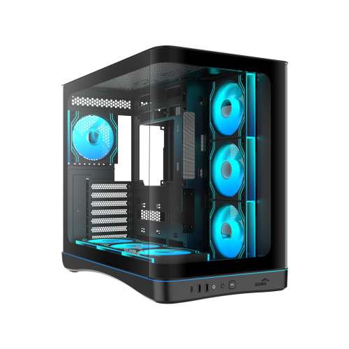 SAMA V62BK Black, B850BK 850W, 80+ Bronze, PCIE 5.1, ATX3.1, Tempered Glass Panel, Panoramic Tasarım, Type-C, 7x120mm ARGB INFINITY Fan, ATX, GAMING KASA