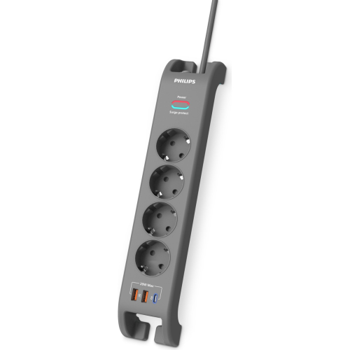 PHILIPS SPN4140GA/62, 4 Soket, Akım Korumalı Priz, 2400 Joules, 2Mt Kablo, 1xUsb-C PD 20W Hızlı Şarj, 2xUsb-A QC 18W, (Gri)