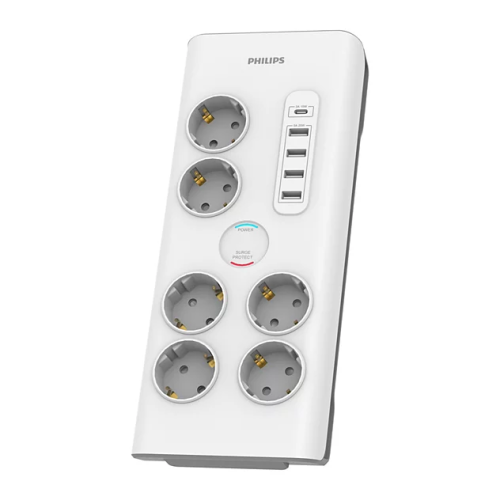 PHILIPS SPN7060WA/62, 6 Soket, Akım Korumalı Priz, 900 Joules, 2Mt Kablo, 1xUsb-C 15W Şarj, 4xUsb-A 20W, (Beyaz)