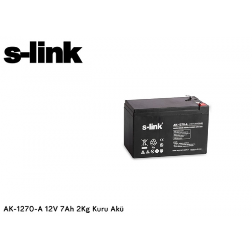 S-LINK AK-1270, 12V, 7Ah, Bakımsız Kuru Akü (2 Kg) UPS için Uygundur.