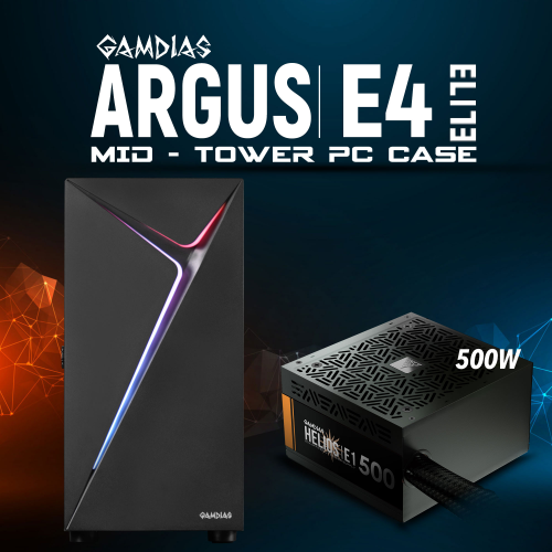 GAMDIAS ARGUS E4 Elite, 500W, Tempered Glass, ARGB, ATX GAMING KASA