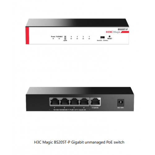 H3C Magic BS205T-P, 5 Port, GigaBit, 4 Port PoE, 57W, +1 Port GigaBit Uplink, Metal Kasa, Yönetilemez, Masaüstü Switch