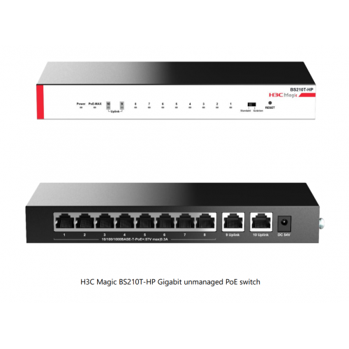 H3C Magic BS210T-HP, 10 Port, GigaBit, 8 Port PoE, 110W, +2 Port GigaBit Uplink, Metal Kasa, Yönetilemez, Masaüstü Switch