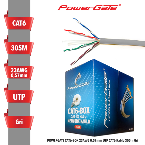 POWERGATE CAT6-BOX-GY, 23AWG 0,57mm, UTP, CAT6 Kablo, 305m, Gri